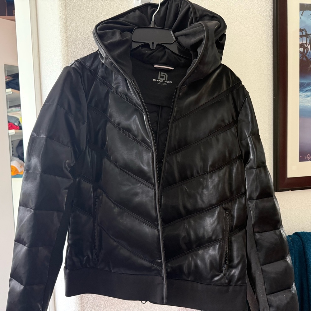 Blanc Noir Black Quilted Mesh Insert Puffer Jacket with Hood
